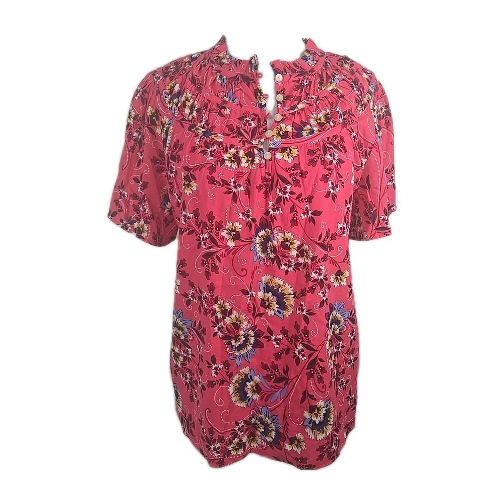 LOFT Medium Pink Floral‎ Ruched Flutter Sleeve Tunic Top M